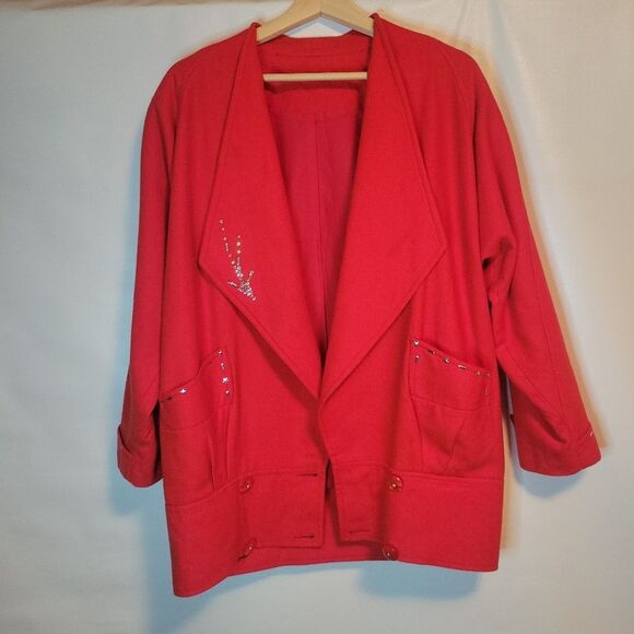 Vintage Jackets & Blazers - Vintage Red Wool Structured Jacket with Silver Embellishments